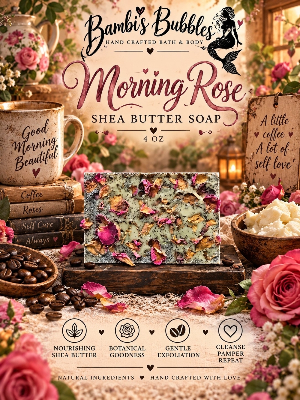 NEW! Morning Rose- Coffee Rose Shea Butter Soap 4oz